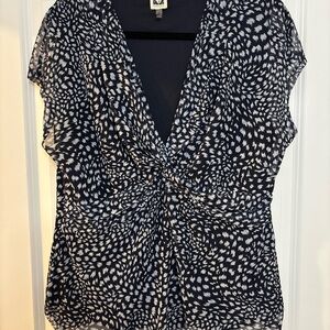 Anne Klein Navy and White Twist-Front Sleeveless Blouse